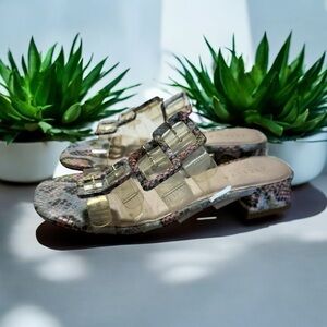 Cecelia New York Lincoln Clear Strap Snake Print Buckle Slide Sandals 7.5